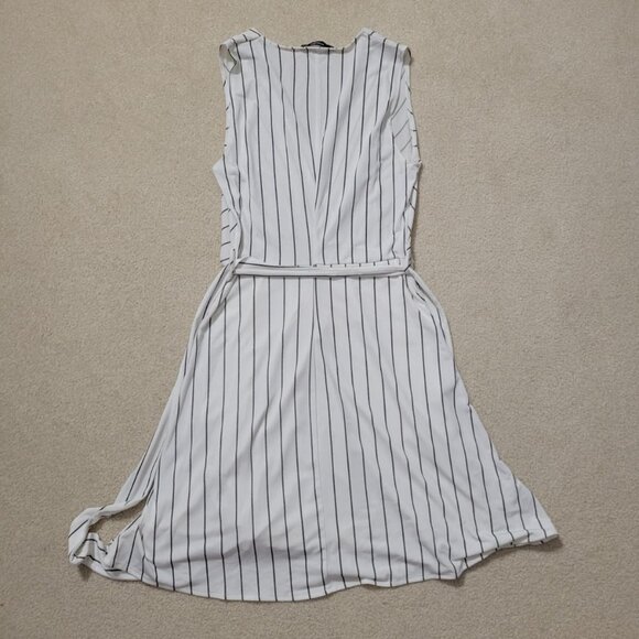Mango Women's Black and White Striped V-Neck Tie Waist Dress, Size XS / S - Picture 2 of 4
